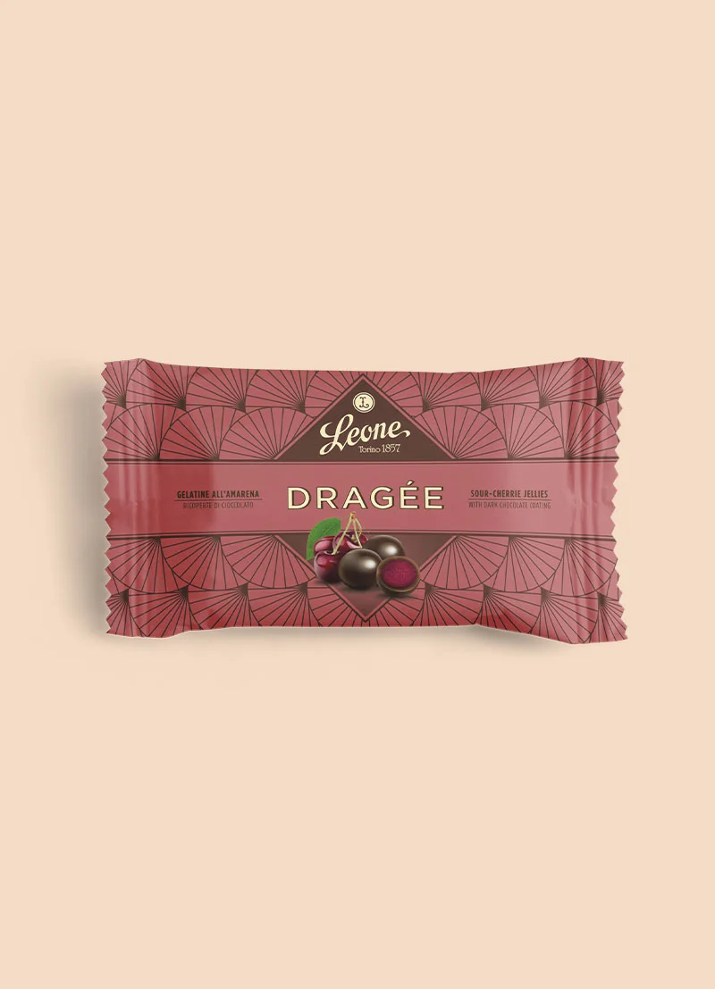Packaging per linea dragée Leone, gelatine all'amarena ricoperte di cioccolato